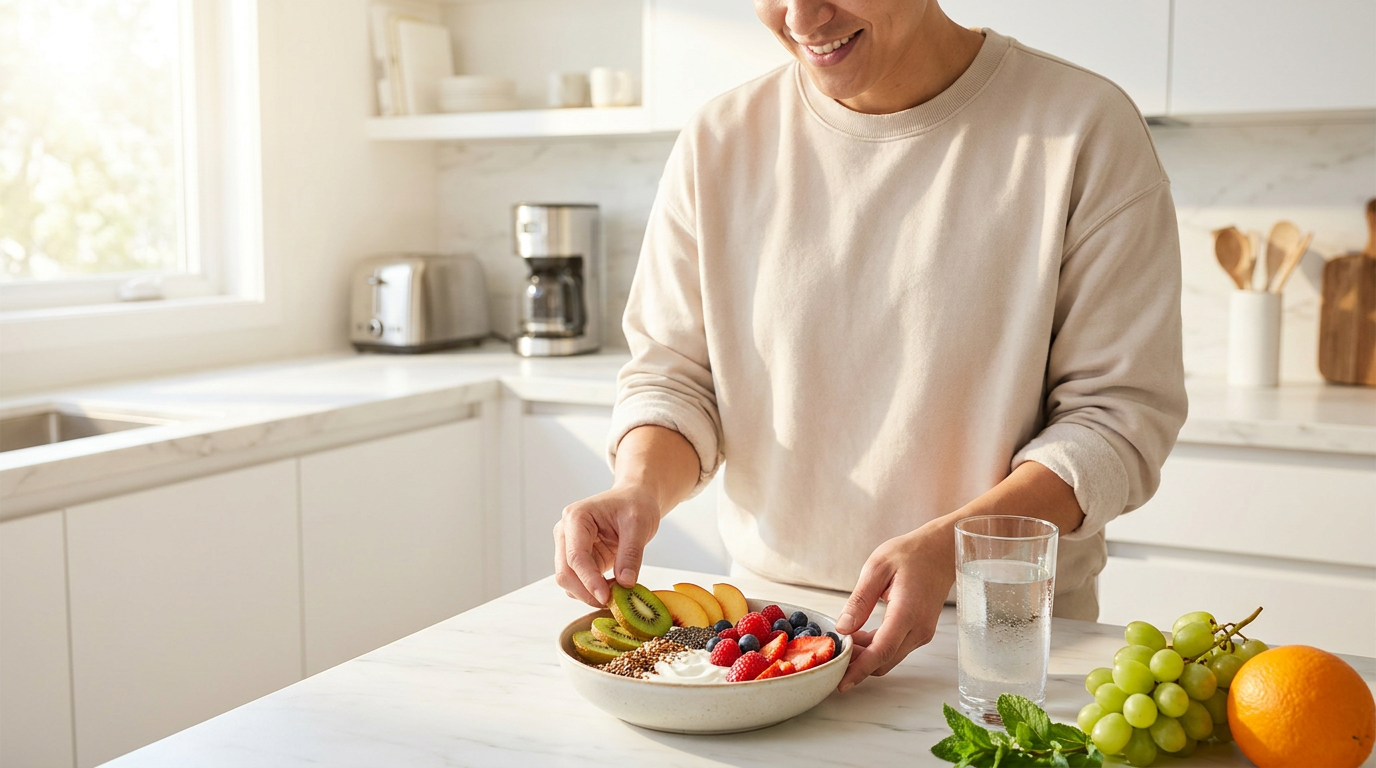 Bright kitchen scene with a healthy breakfast bowl, fresh fruit, yogurt, and water for digestive wellness