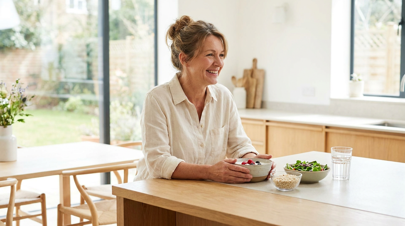 Middle-aged woman preparing a healthy breakfast in a bright kitchen, focused on postmenopausal gut wellness