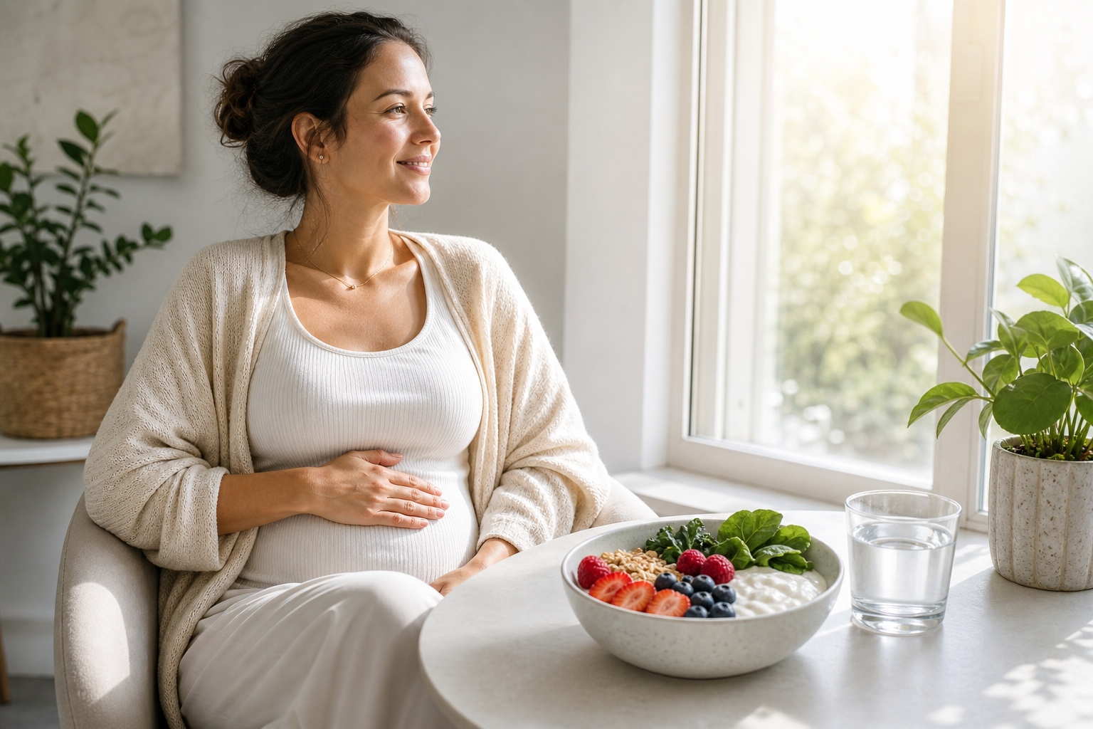 Sunlit wellness scene with woman, yogurt bowl, berries, and water for gut health