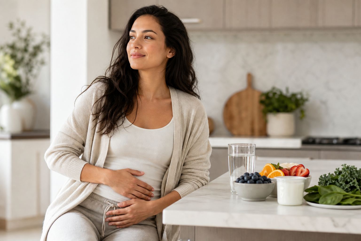 Woman in bright kitchen holding stomach with healthy foods and water, wellness-focused gut health scene