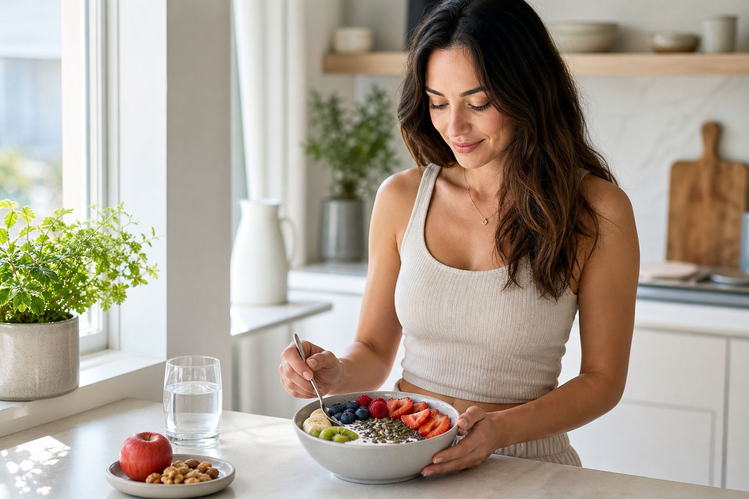 Bright kitchen scene with woman preparing a gut-friendly yogurt bowl and fresh whole foods