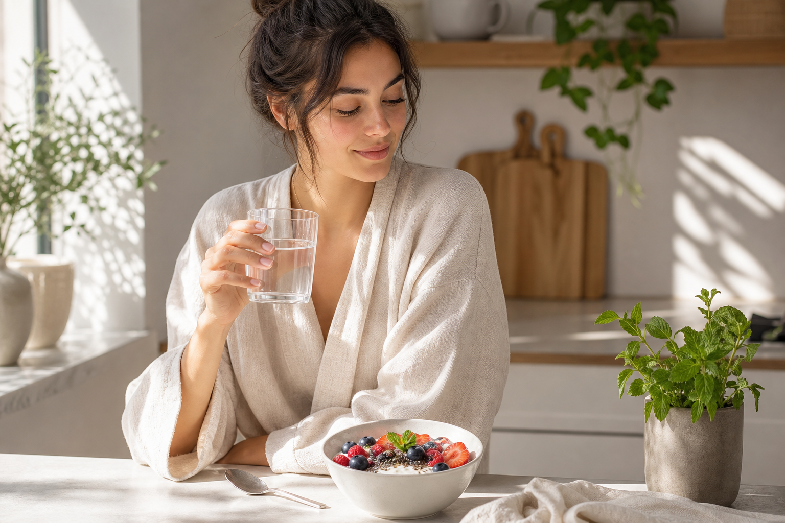 Bright wellness kitchen scene with gut-friendly breakfast and glass of water in natural light
