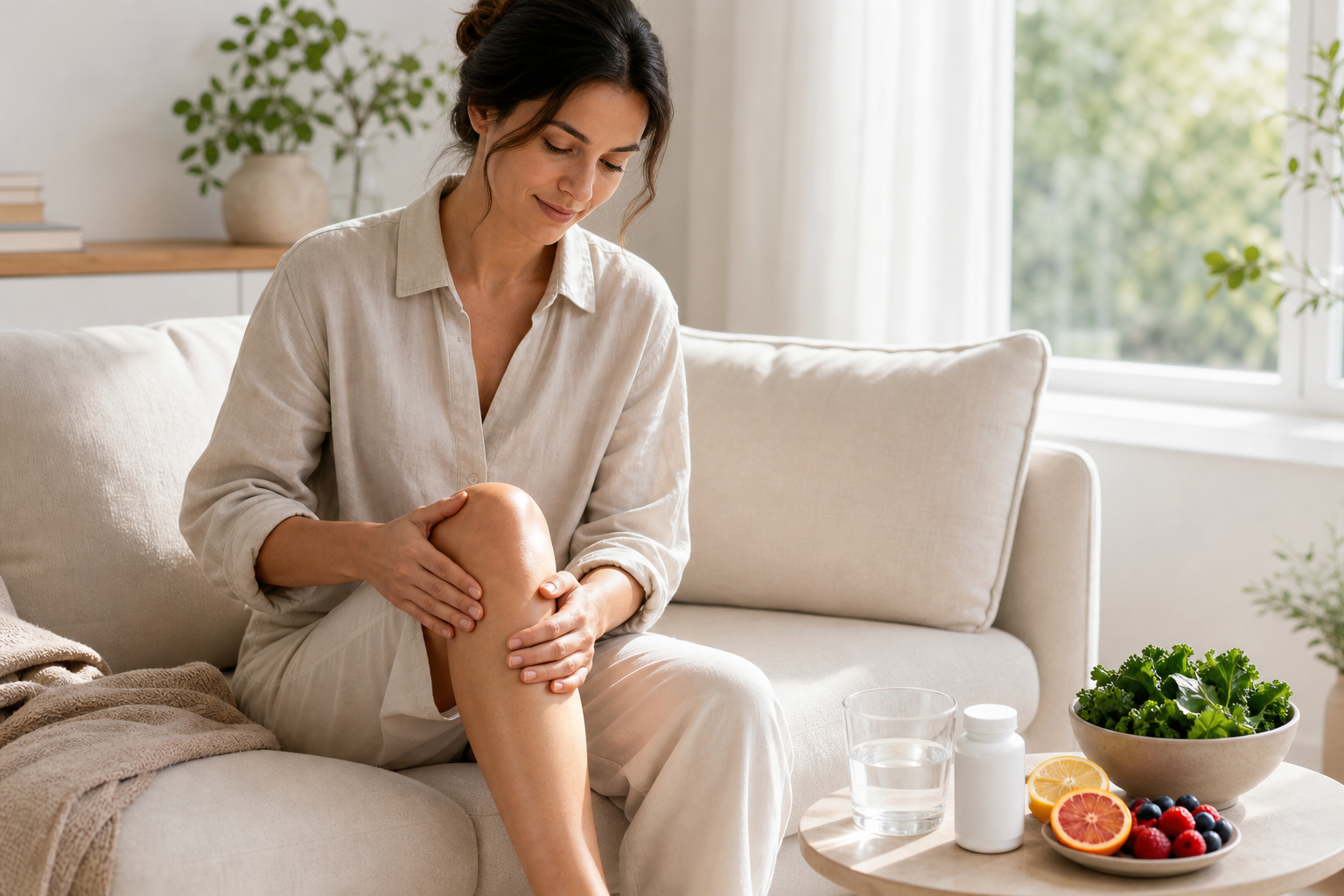 Adult resting on sofa with knee discomfort beside healthy foods and probiotic bottle