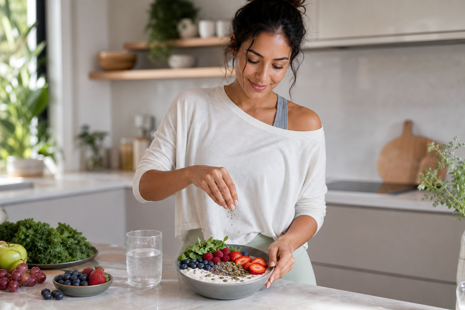 Woman preparing a fresh gut-healthy breakfast in a bright modern kitchen