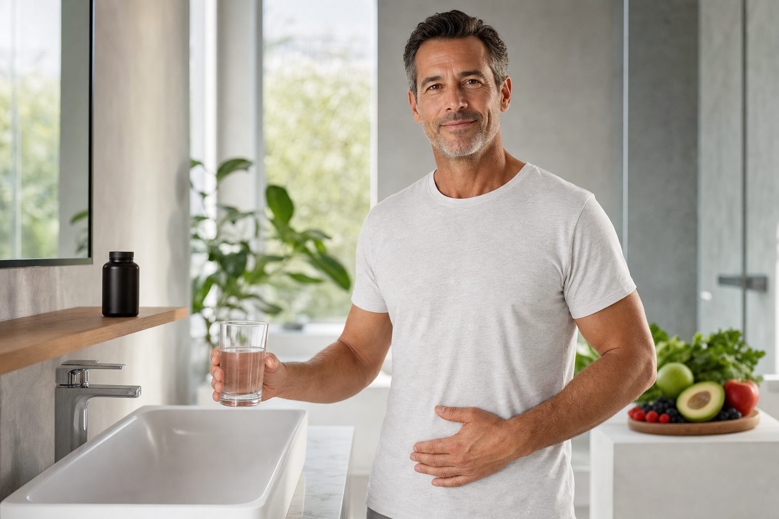 Middle-aged man in a bright bathroom with probiotic bottle and healthy foods, lifestyle gut and men’s wellness scene