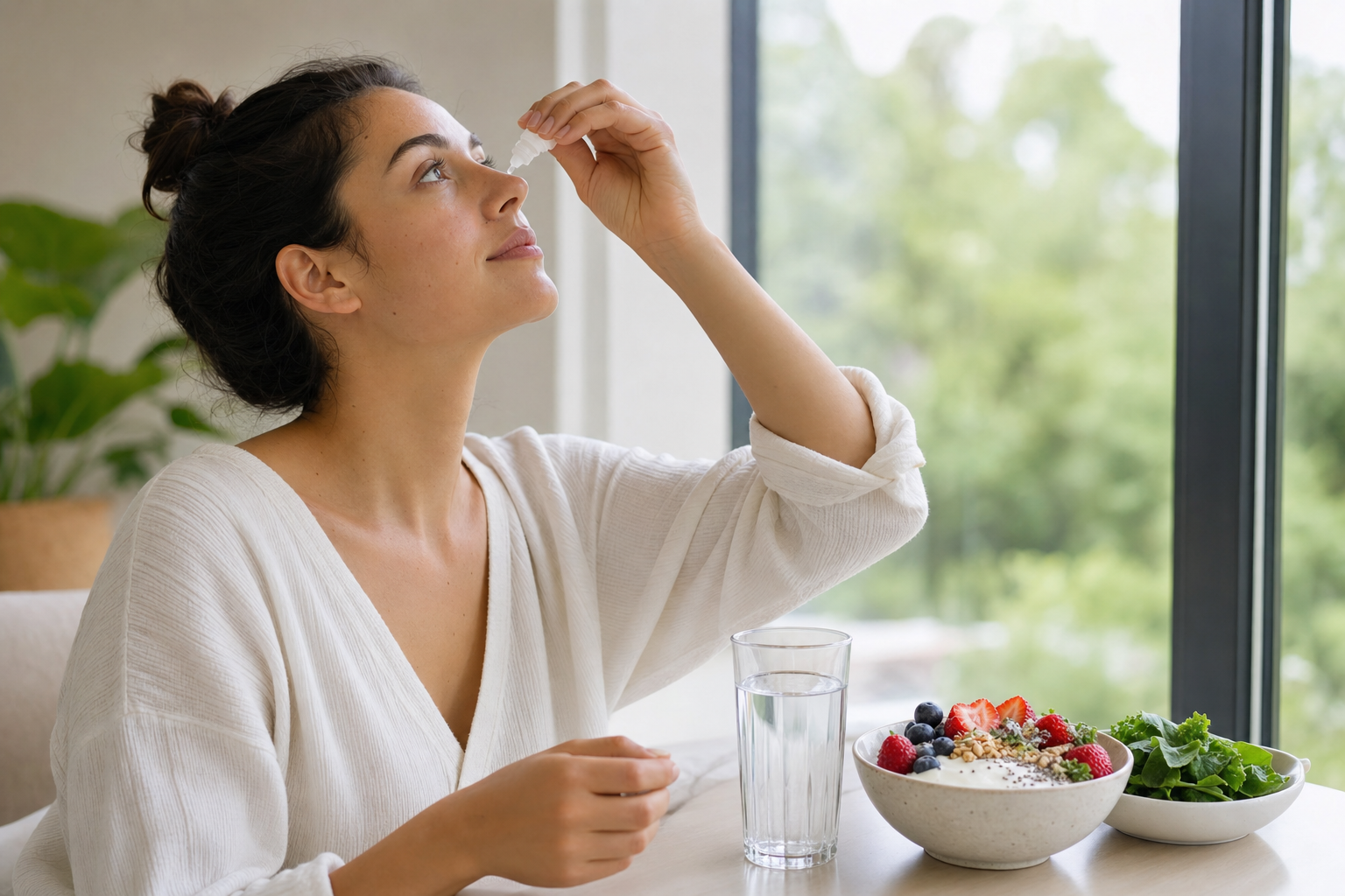 Woman using eye drops beside a gut-healthy breakfast in a bright wellness setting