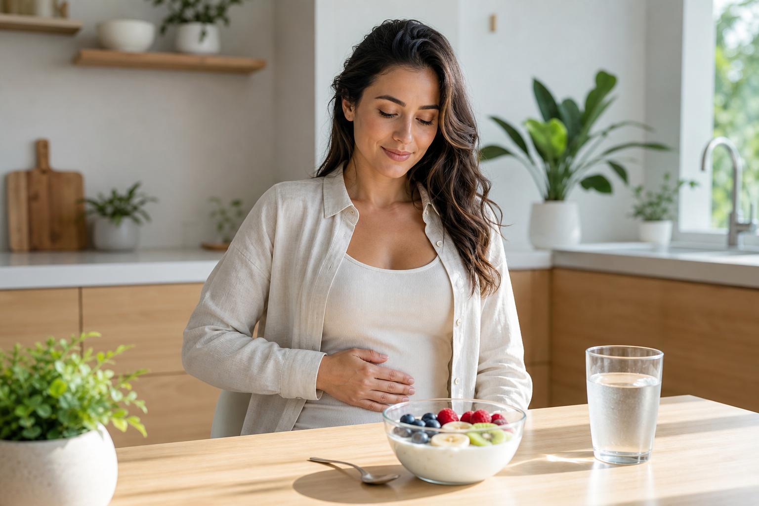 Woman in a bright kitchen with healthy food, gently holding her stomach in a modern wellness scene