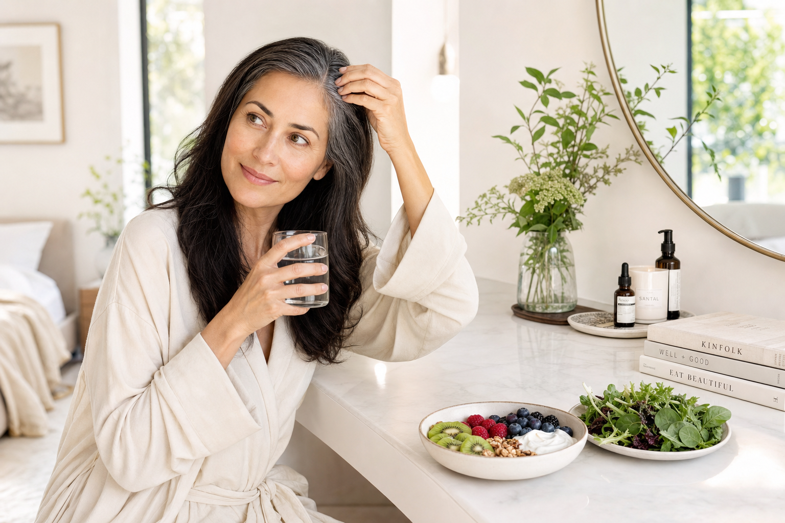 Person examining a few grey hairs beside fresh gut-healthy foods in a bright modern wellness setting