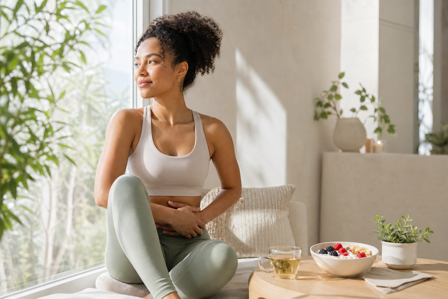 Woman relaxing by a window with healthy food and tea in a bright wellness setting