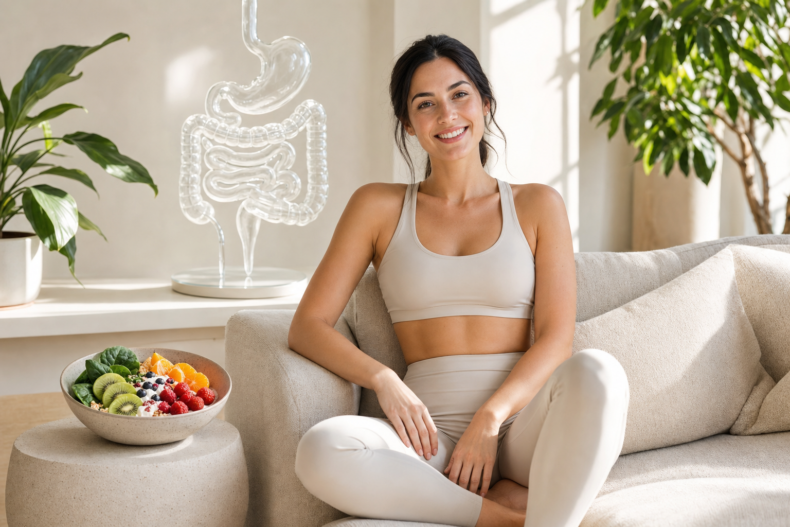 Bright wellness scene with woman, fresh foods, and subtle gut-health imagery in a modern home setting