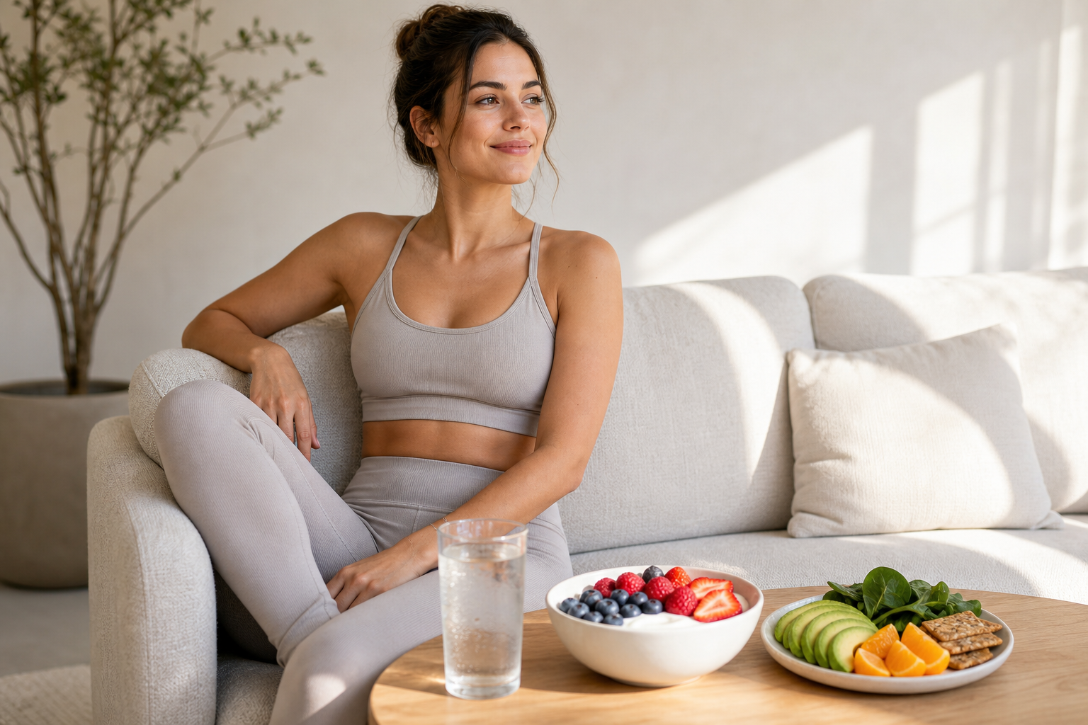 Bright wellness scene with woman, healthy foods, and water in a modern home setting
