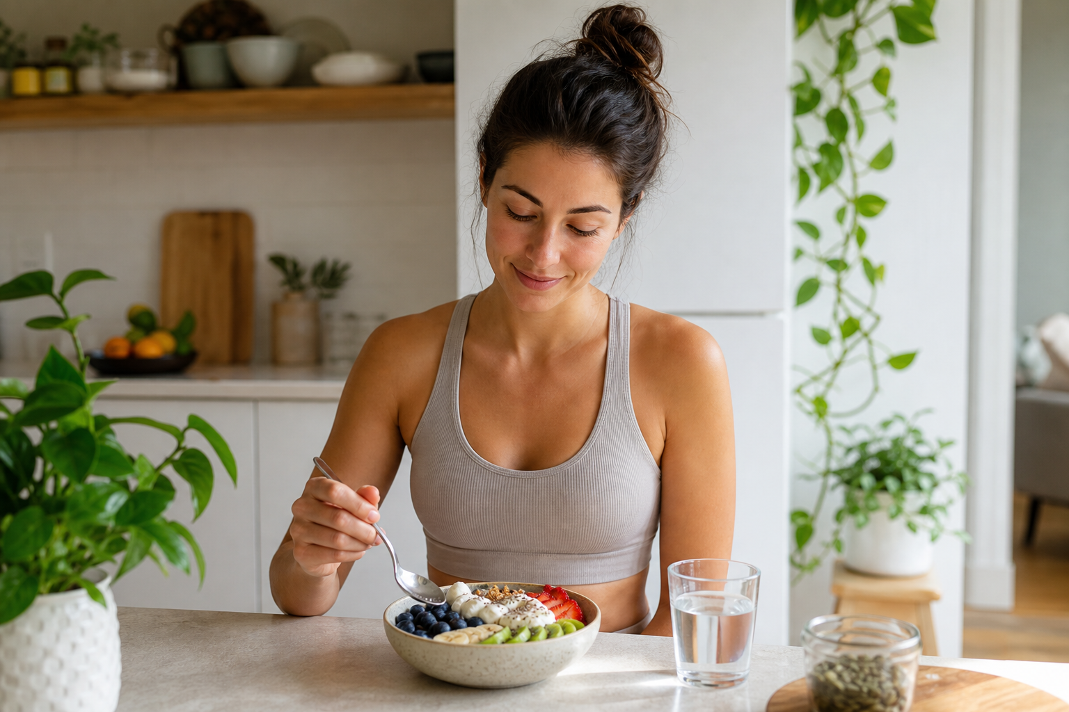 Bright editorial photo of a woman enjoying a healthy breakfast in a modern wellness kitchen
