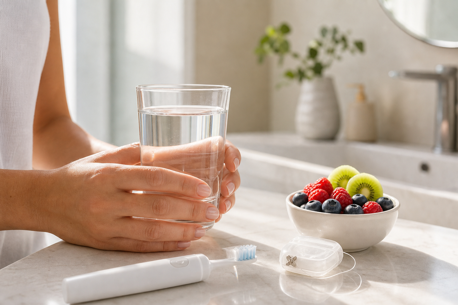 Bright wellness bathroom scene with toothbrush, water glass, and fresh fruit on a clean counter