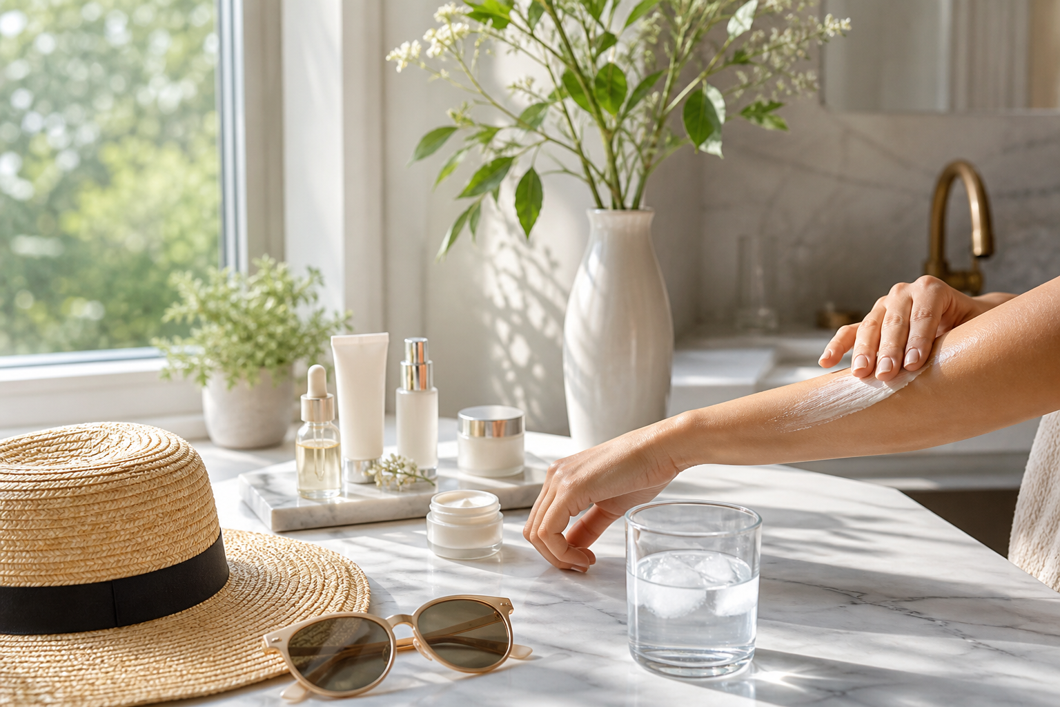 Editorial wellness scene of a person applying sunscreen beside hat, sunglasses, and skincare products