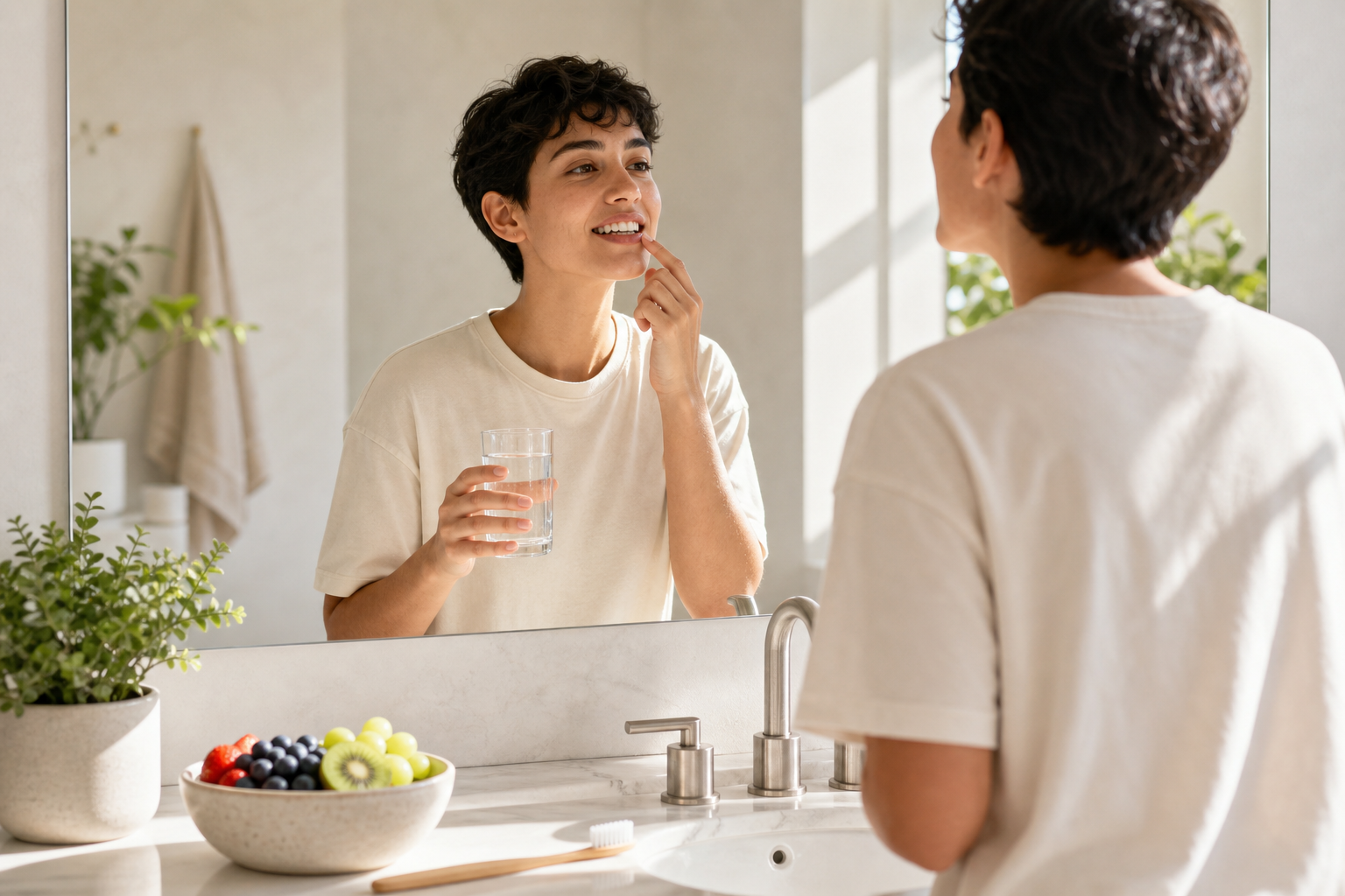 Adult in bright bathroom reflecting on oral and gut wellness, with toothbrush and water glass