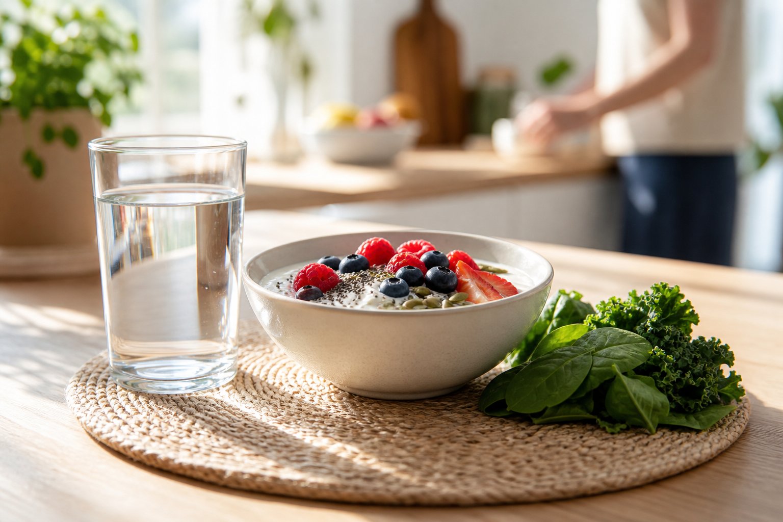 Bright wellness still life with yogurt, berries, greens, and water on a modern kitchen table
