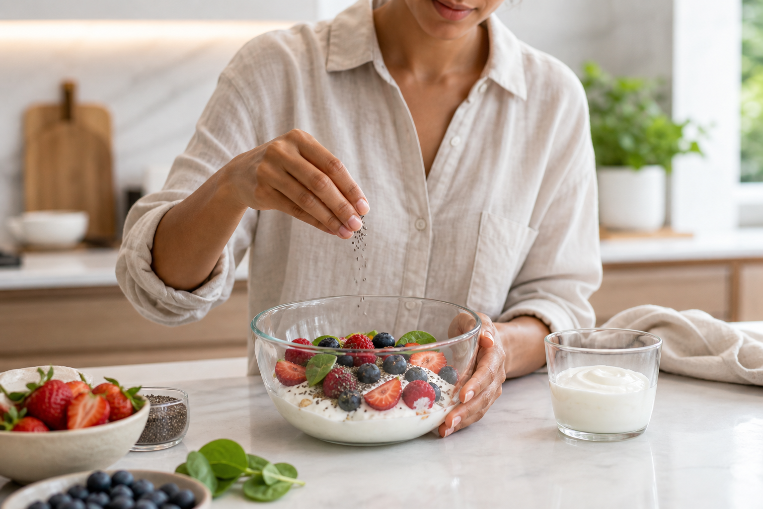 Bright editorial photo of a person preparing a gut-friendly breakfast with yogurt, berries, and greens