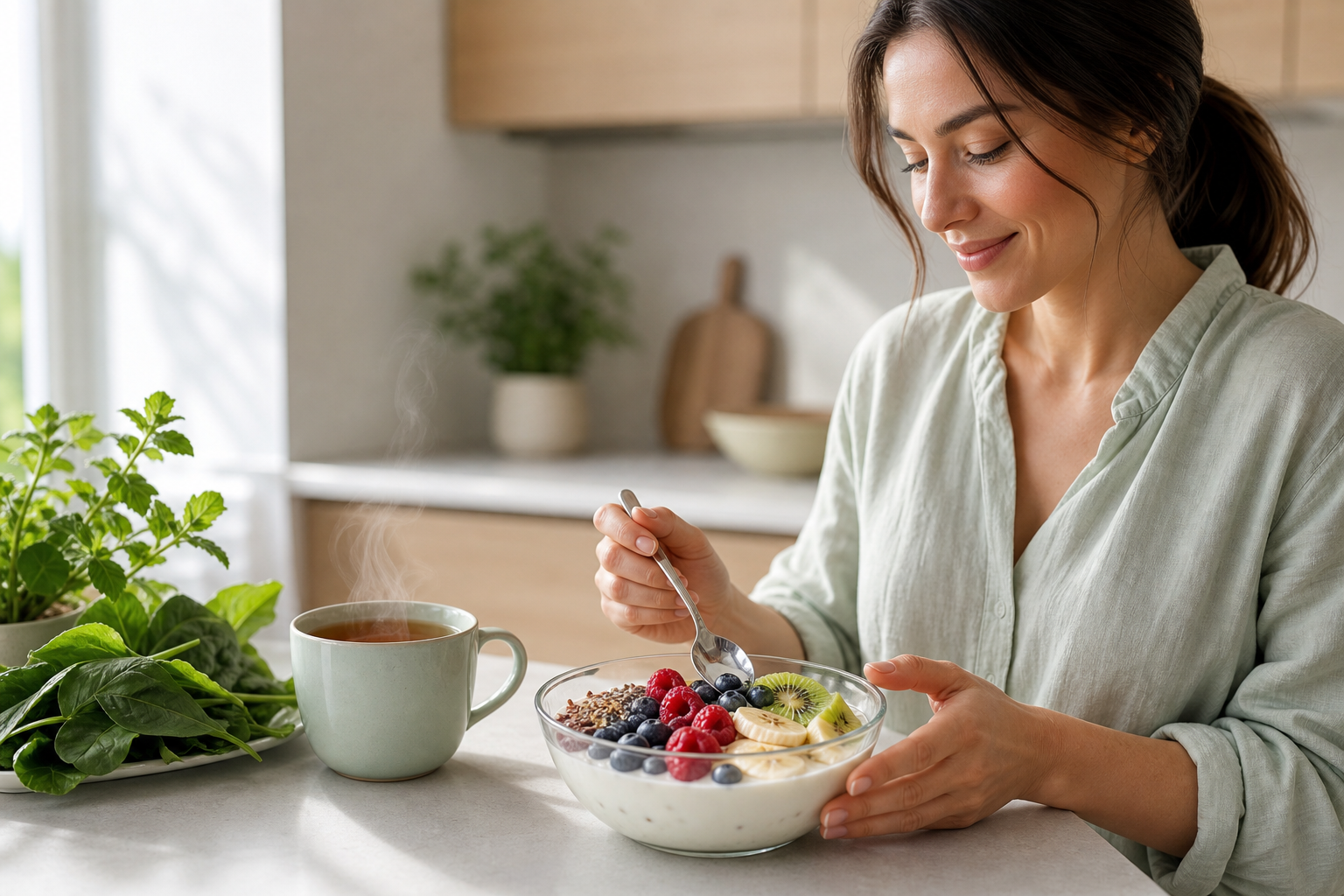 Bright wellness kitchen with yogurt, berries, and a probiotic-friendly breakfast