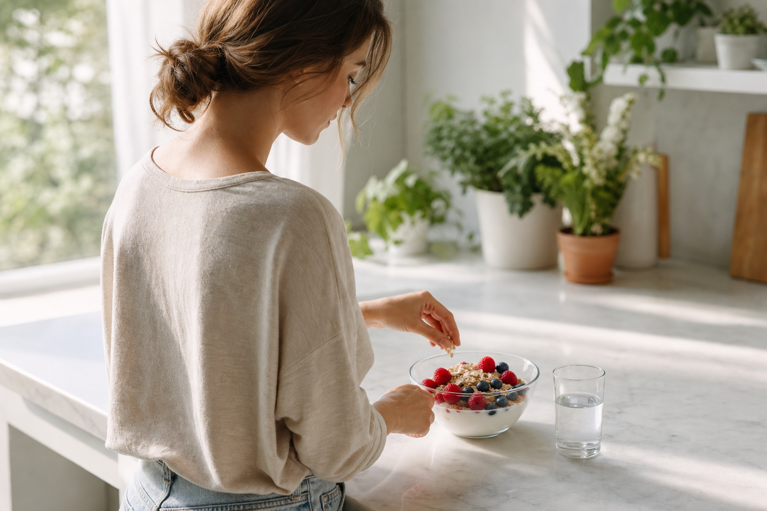 Bright wellness kitchen scene with probiotic-rich breakfast and a woman preparing a healthy meal