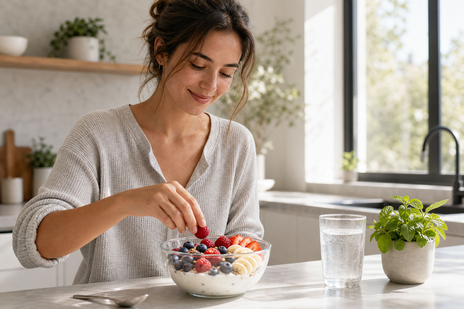 Bright editorial kitchen scene with gut-friendly breakfast and wellness-focused probiotic lifestyle