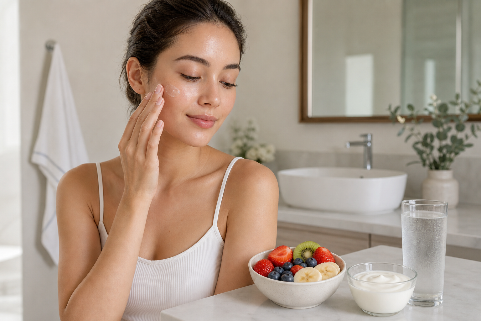 Bright wellness scene of a person caring for skin beside gut-healthy foods
