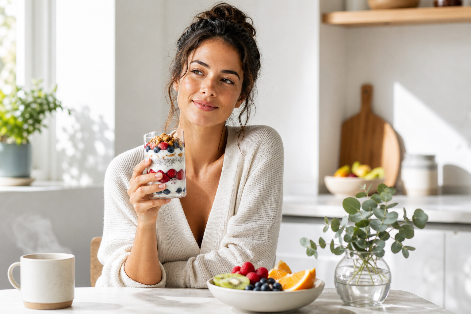 Sunlit wellness scene with yogurt parfait, fresh fruit, and a relaxed person at a kitchen table