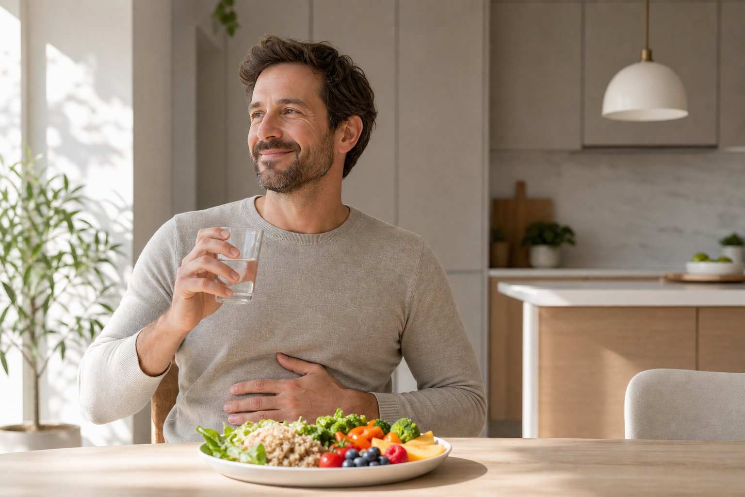 Adult at a bright table with healthy food and water, gently holding their stomach in a wellness setting
