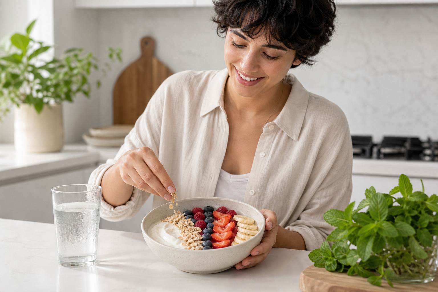 Bright wellness kitchen scene with yogurt, fruit, and water for gut health support