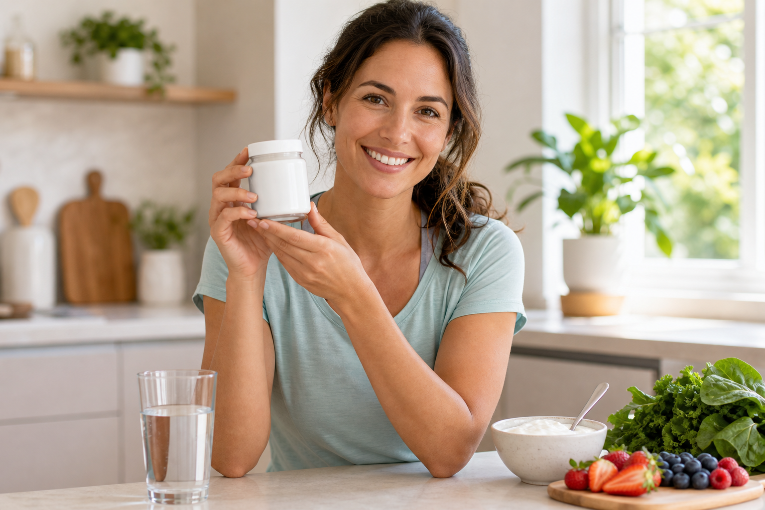 Bright lifestyle photo of a woman choosing an unbranded probiotic supplement with healthy foods nearby