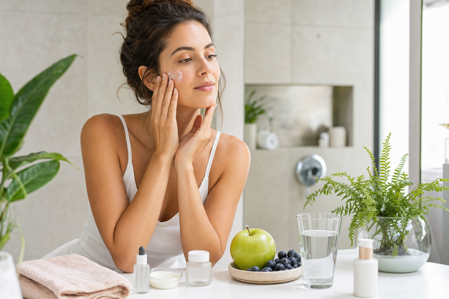 Bright wellness scene of woman applying moisturizer beside fruit and water, suggesting healthy skin from within