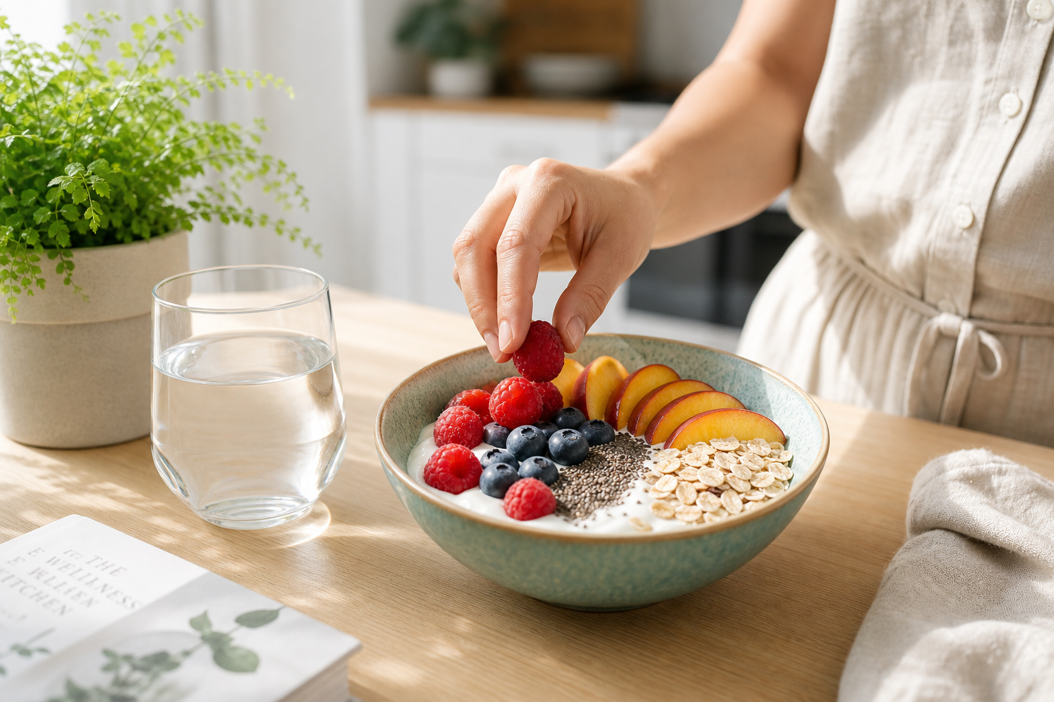 Bright lifestyle photo of a healthy breakfast bowl with yogurt, fruit, oats, and chia for gut wellness