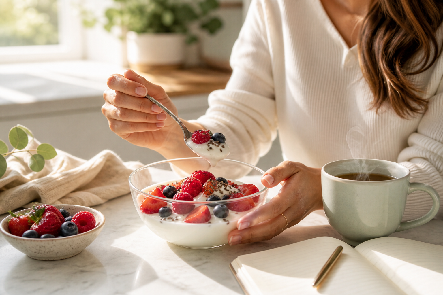 Bright kitchen scene of a woman preparing a healthy yogurt bowl with berries and seeds