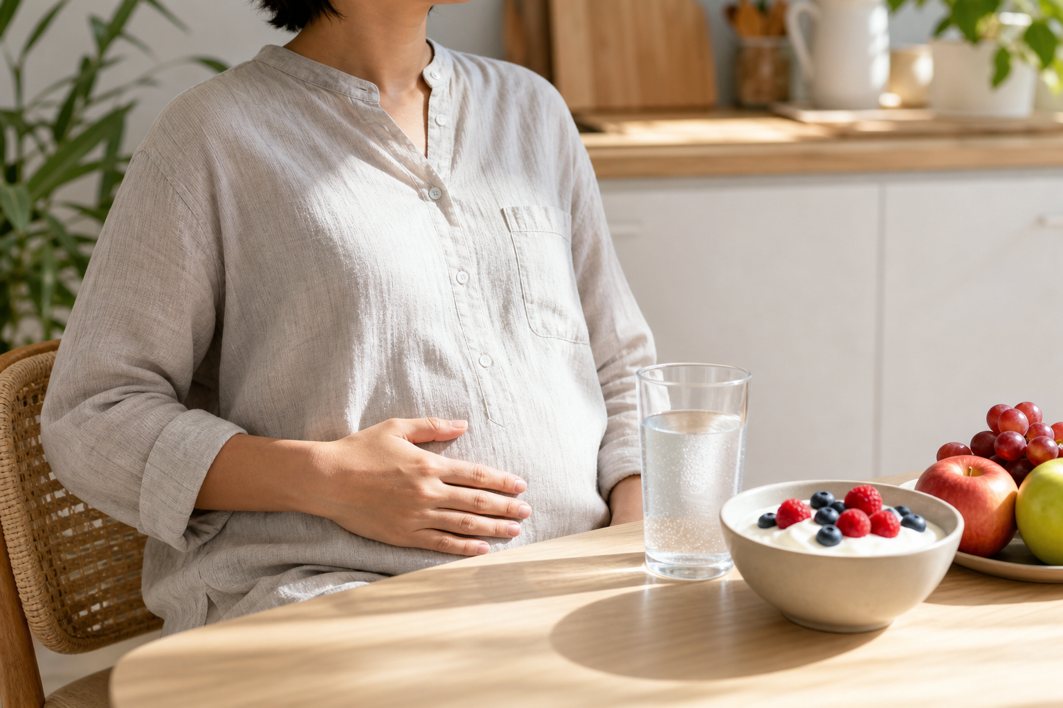 Bright wellness scene of an adult with mild digestive discomfort beside probiotic-friendly foods
