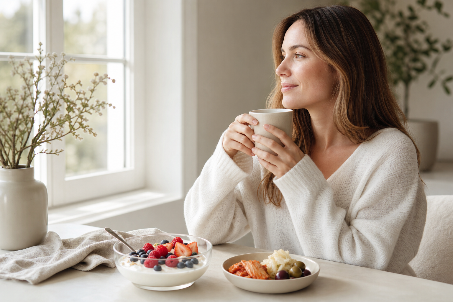 Bright wellness scene of an adult with probiotic-rich foods in a modern sunlit home