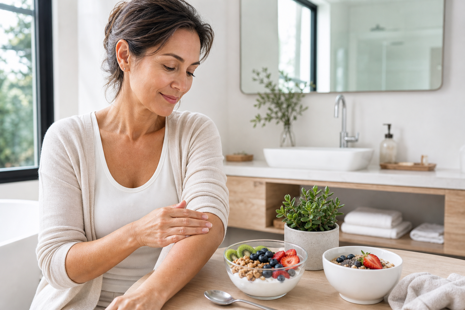 Woman enjoying a probiotic breakfast while checking her skin in a bright wellness setting