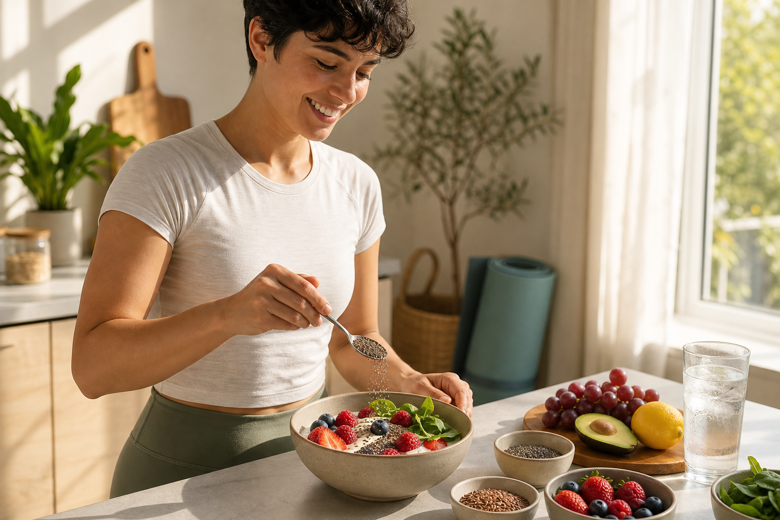 Bright wellness scene with gut-friendly breakfast and fresh produce in a modern kitchen