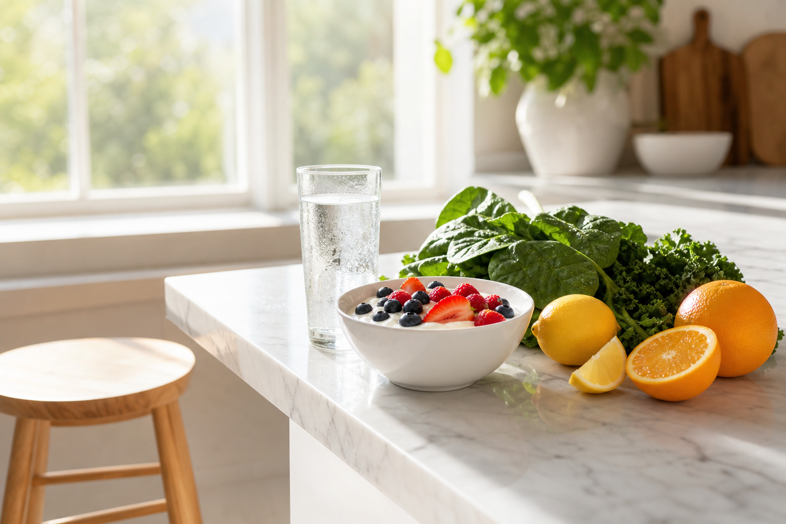 Bright kitchen scene with fresh foods and yogurt for everyday digestive wellness