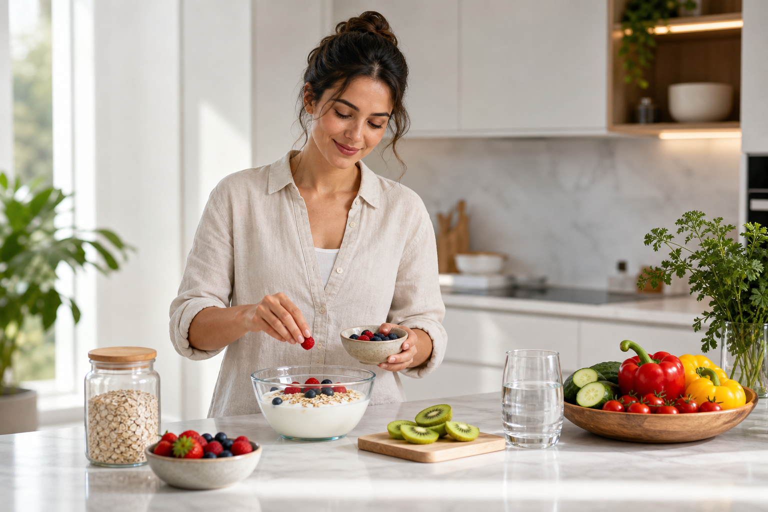 Bright kitchen scene with gut-friendly breakfast foods and water for digestive wellness