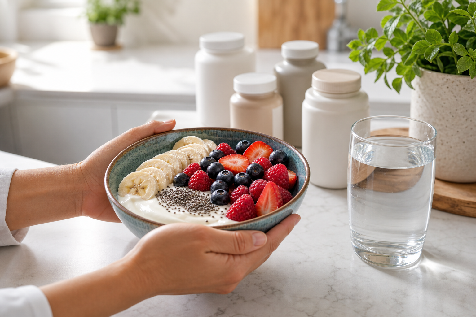 Healthy breakfast bowl with yogurt, berries, and supplements in a bright modern kitchen