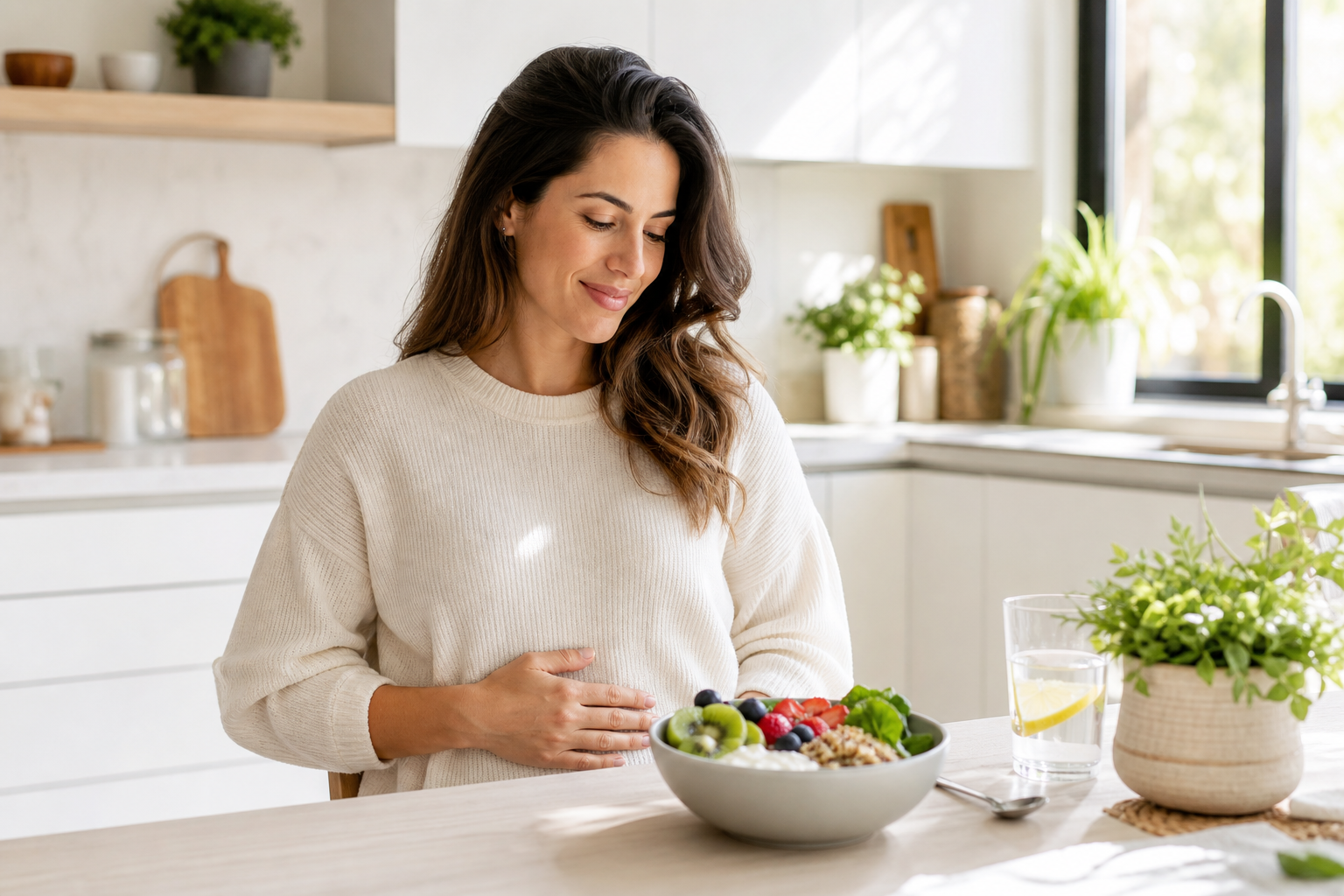 Adult in bright kitchen after lunch, suggesting digestive discomfort and gut health