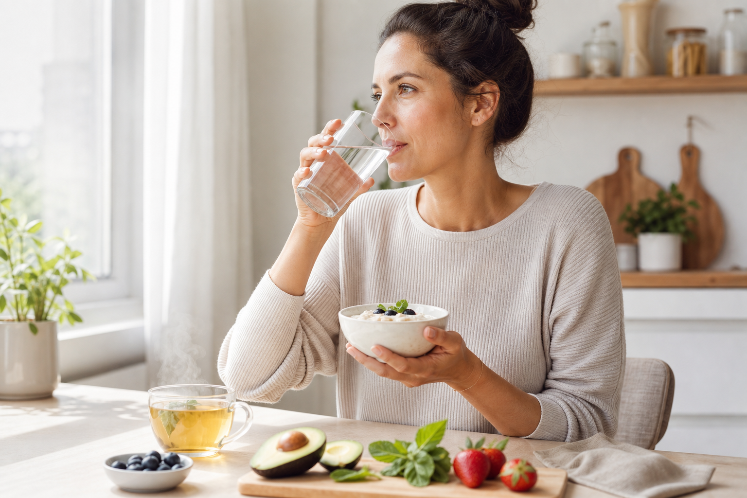 Bright wellness scene of a person enjoying a light meal in a modern kitchen, focused on digestive comfort