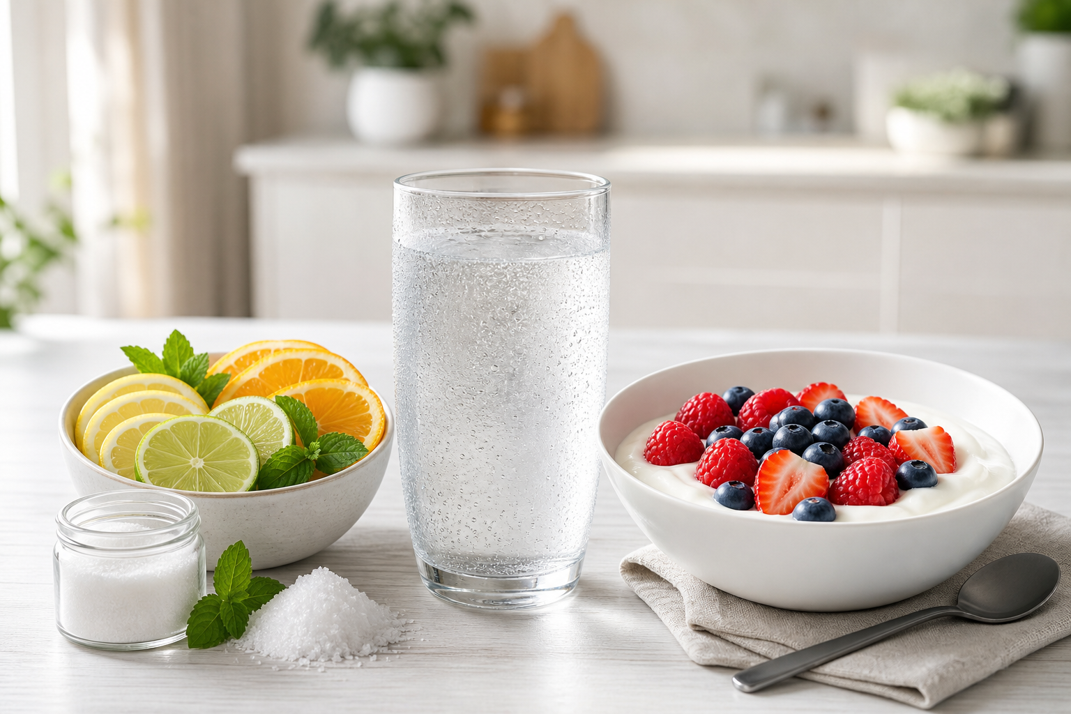 Bright editorial kitchen scene with sparkling water, citrus, and healthy breakfast ingredients