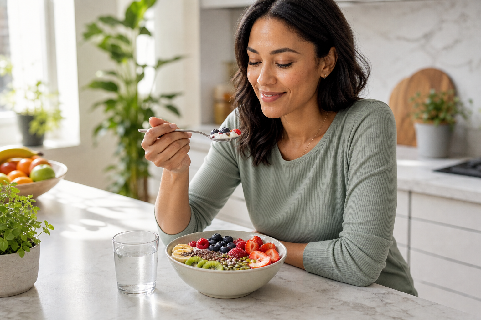 Bright wellness kitchen scene with a gut-friendly breakfast bowl and fresh ingredients