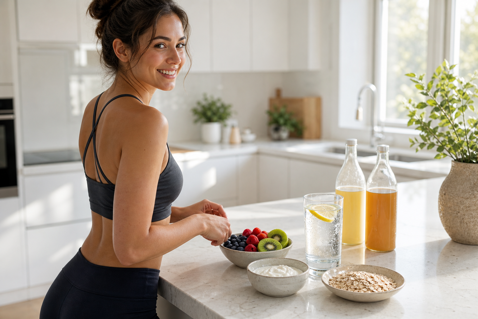 Bright wellness kitchen scene with healthy breakfast, fruit, yogurt, and sugar-free drink ingredients