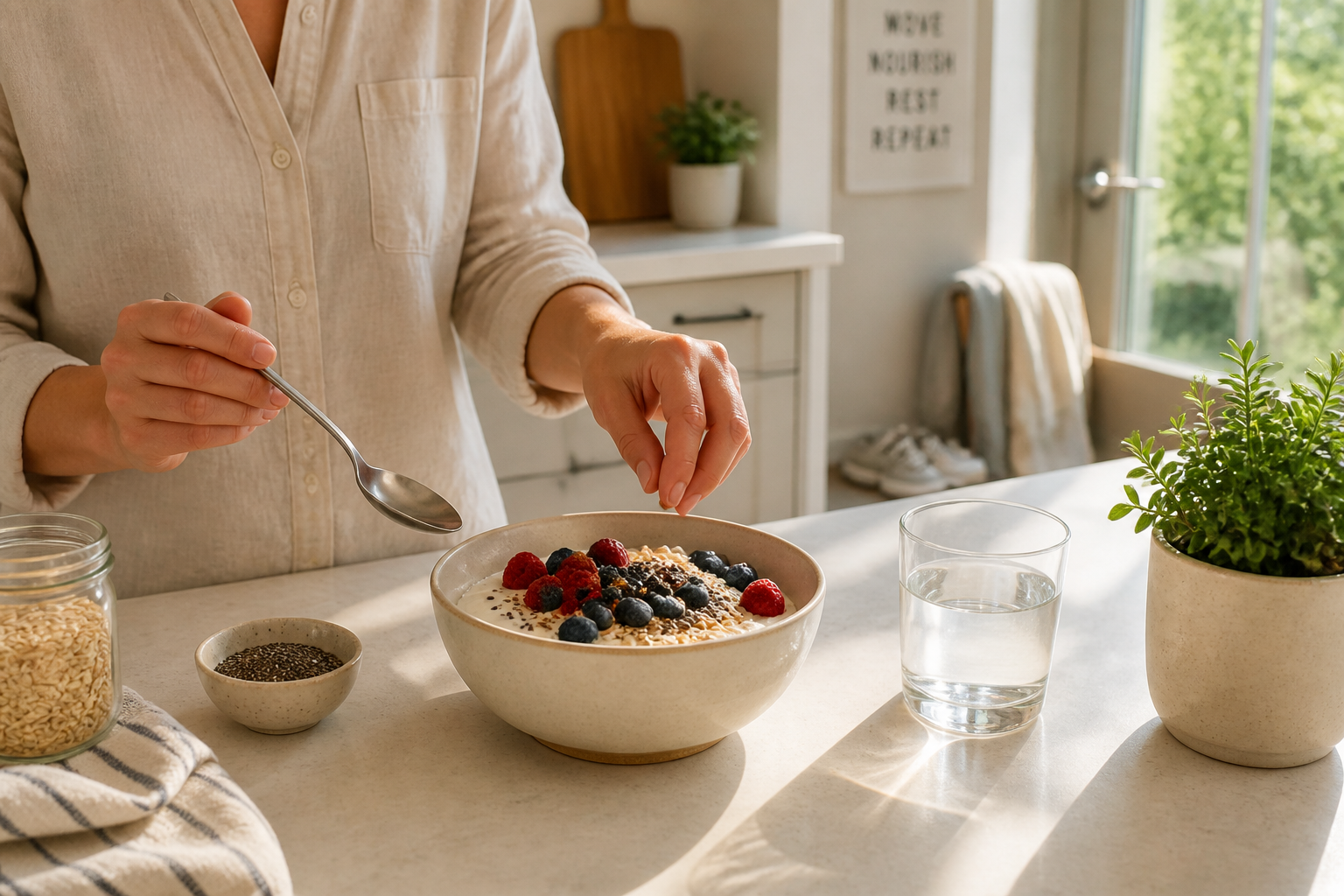 Bright wellness scene of a person preparing a gut-friendly breakfast in a sunlit kitchen