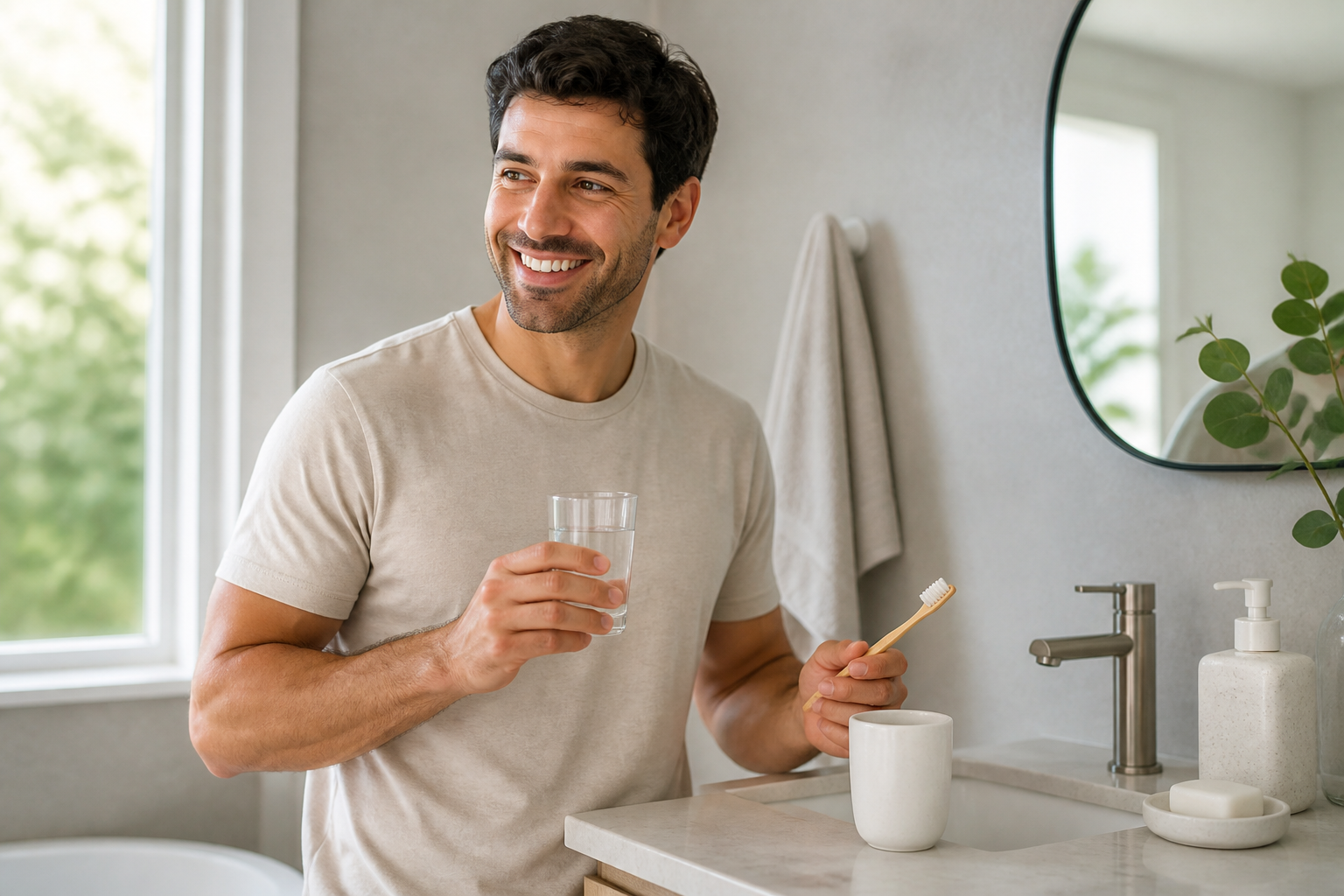 Bright modern bathroom scene with a person holding a toothbrush and glass of water