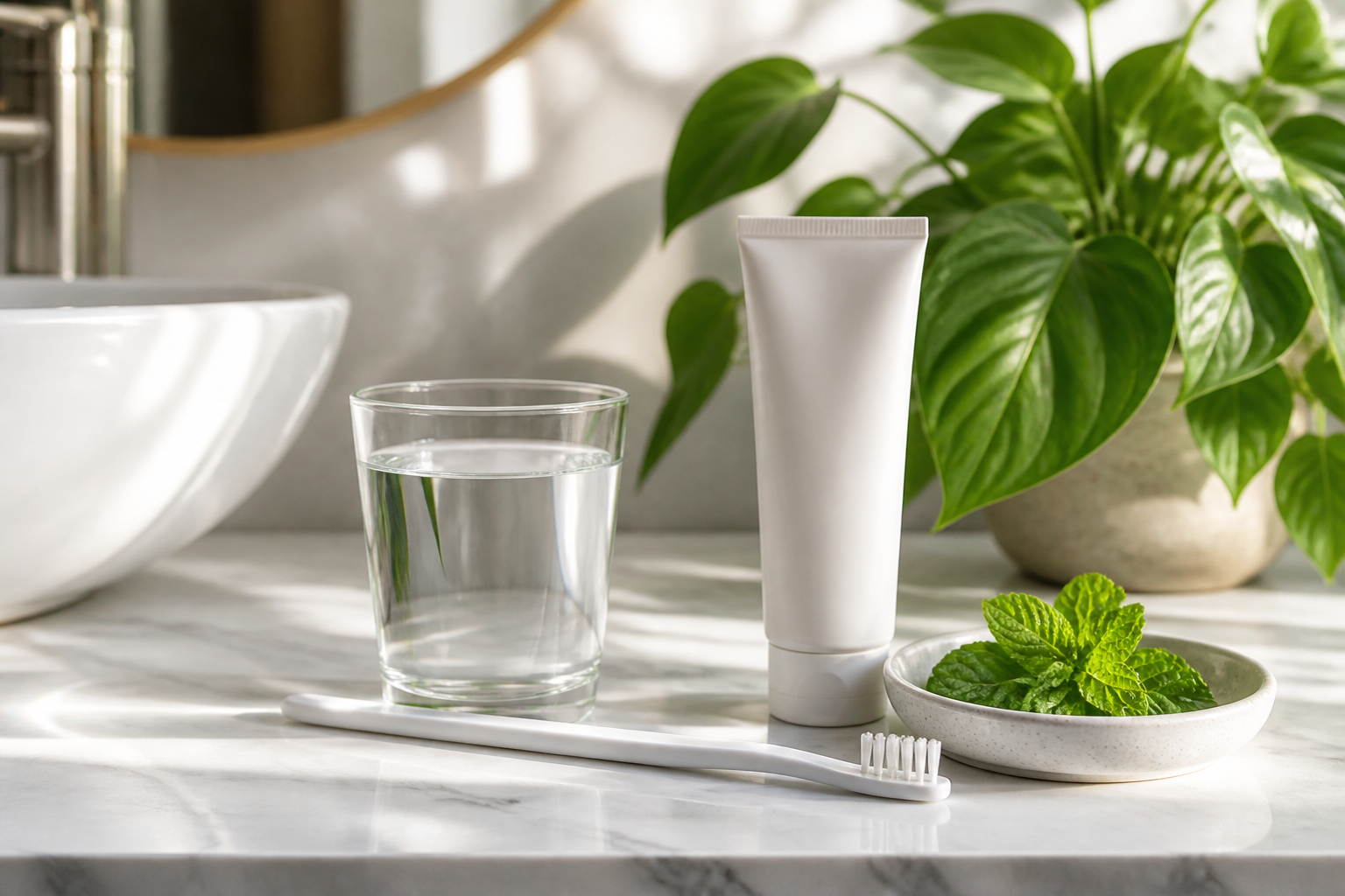 Bright modern bathroom scene with toothbrush, toothpaste, water glass, and mint leaves
