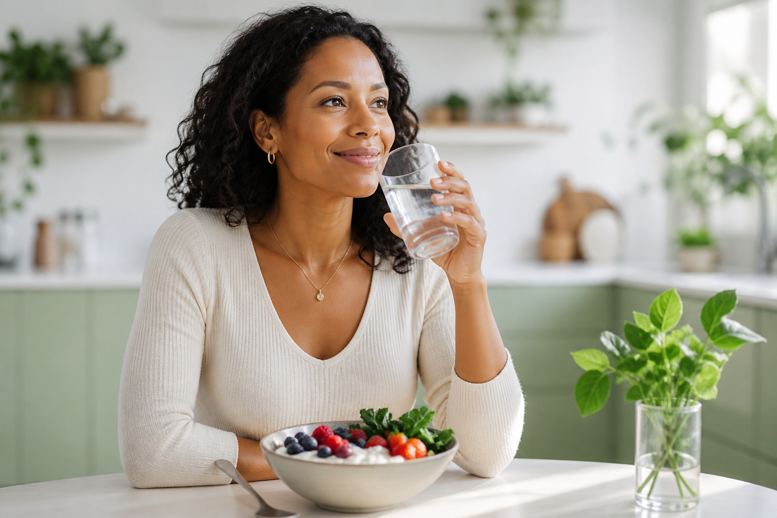 Bright wellness kitchen scene with water, yogurt, and fresh foods suggesting gut health