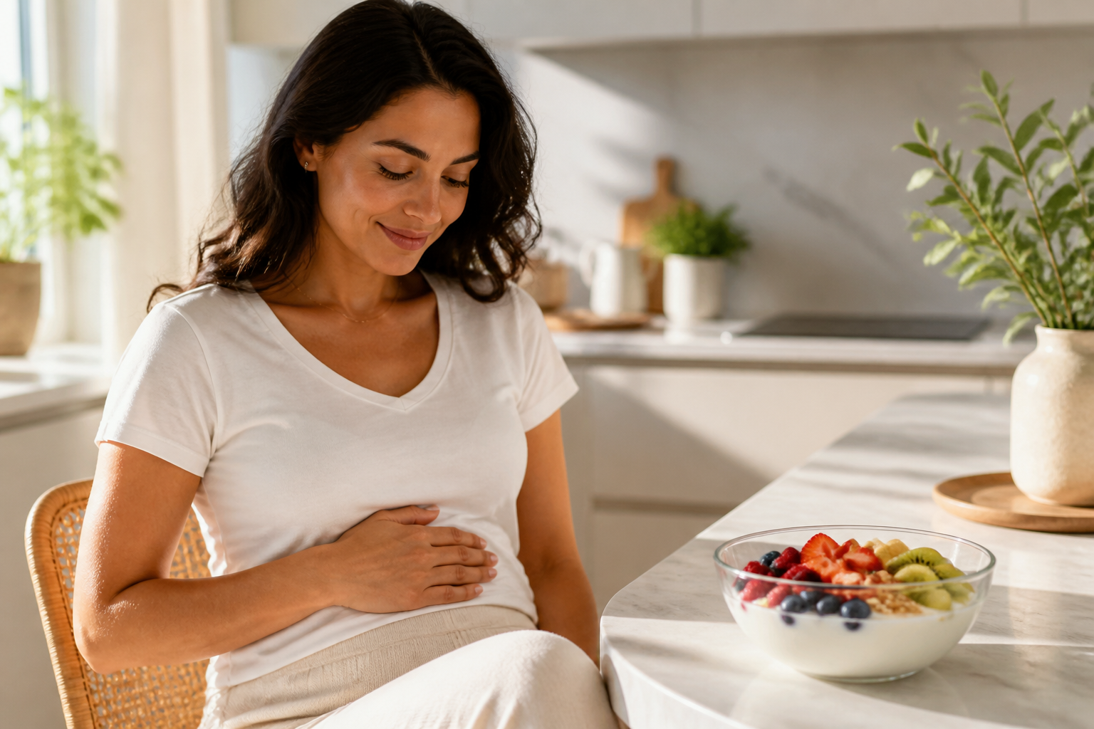 Bright wellness scene with woman in a modern kitchen and gut-friendly breakfast, suggesting digestive balance