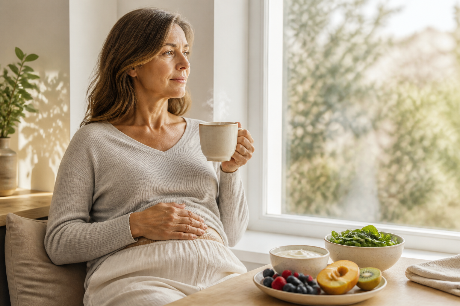 Middle-aged woman in a sunlit kitchen resting with gut-friendly foods nearby